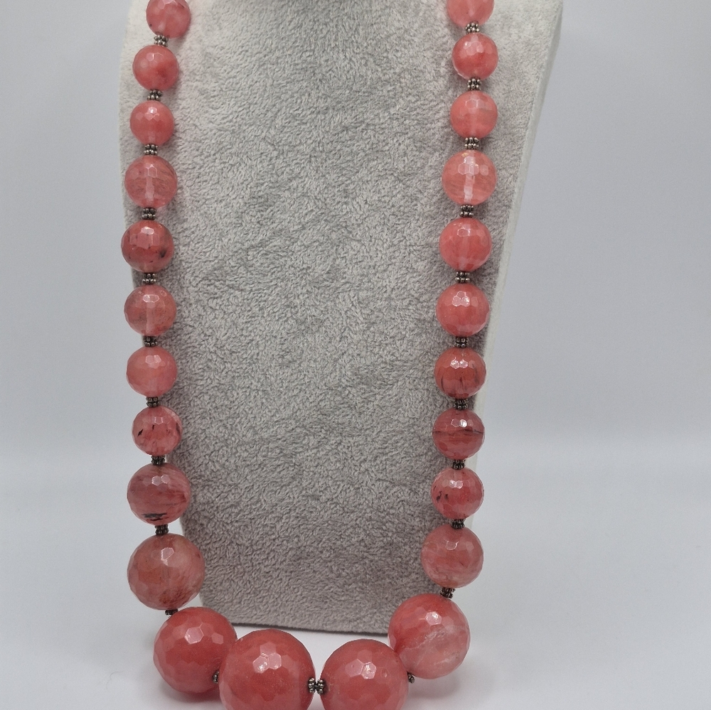 Beautiful Pink Faceted glass Beaded Necklace.  Sterling Silver.  24"